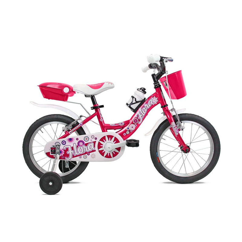 Bici Bambina 16 Pollici FLORA 1V con Rotelle, Cestino e Borraccia – Rosa BRERA