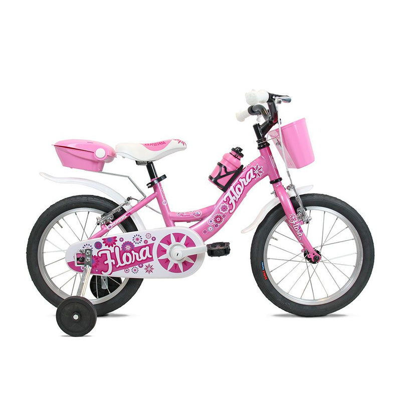 Bici Bambina 16 Pollici FLORA 1V con Rotelle, Cestino e Borraccia – Rosa BRERA