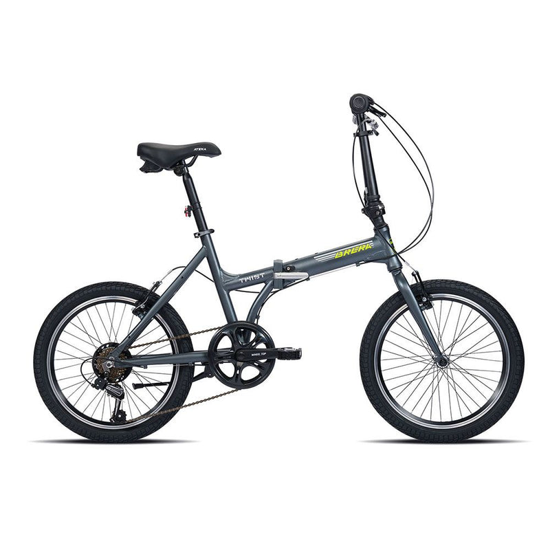 Bici pieghevole TWIST 6V Brera Cicli - Telaio in alluminio, ruote da 20 pollici, cambio Shimano 6 velocità, colore grigio. Perfetta per la mobilità urbana.