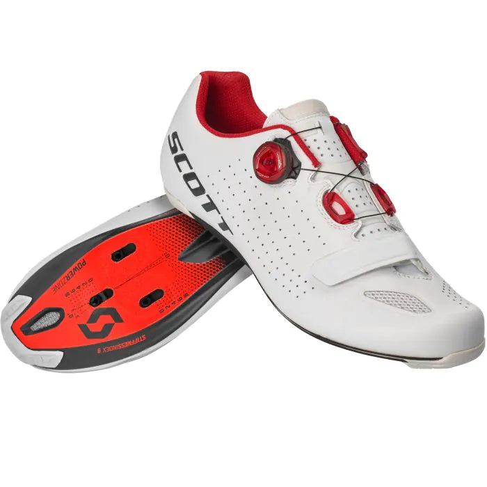 "Scarpe da ciclismo su strada Scott Road Vertec Boa, colore bianco e rosso, con sistema di chiusura BOA e suola in carbonio ad alta rigidità. Perfette per prestazioni professionali e massimo comfort.