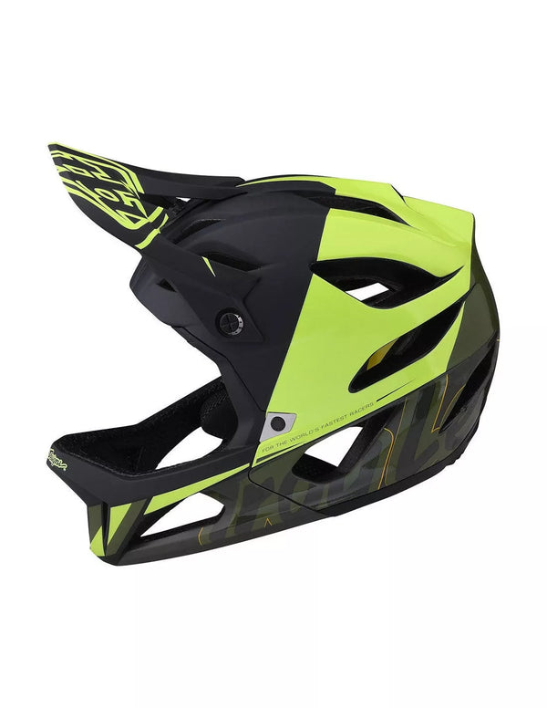 Casco da ciclismo integrale TROY LEE DESIGN Glo Yellow, vista laterale. Design aerodinamico e protezione certificata per MTB e Downhill.